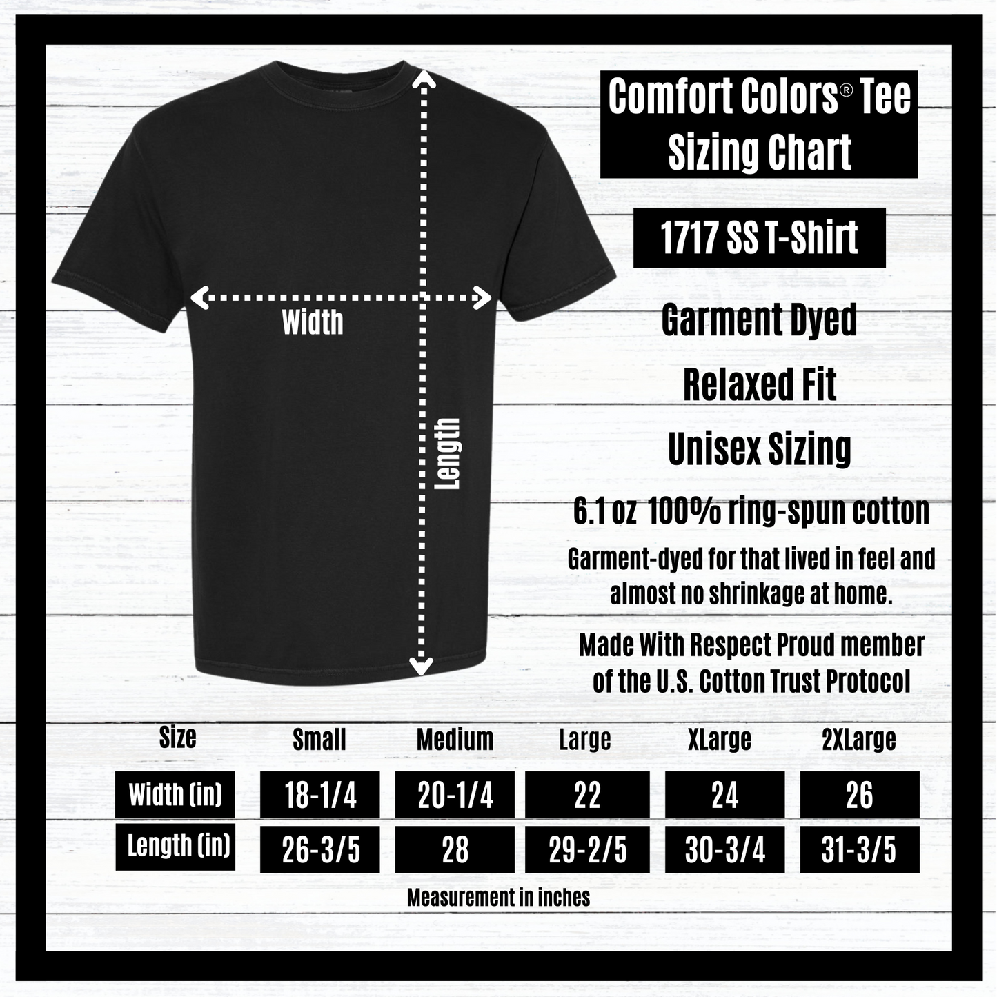 Comfort Colors® 1717 short sleeve t-shirt sizing chart showing garment measurements for unisex relaxed fit tee, including width and length diagram and size details from Small through 2XL on a black t-shirt graphic background.