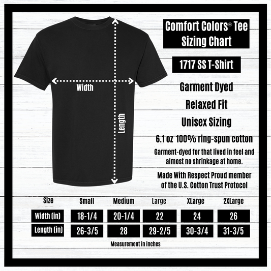 Comfort Colors® 1717 short sleeve t-shirt sizing chart showing garment measurements for unisex relaxed fit tee, including width and length diagram and size details from Small through 2XL on a black t-shirt graphic background.