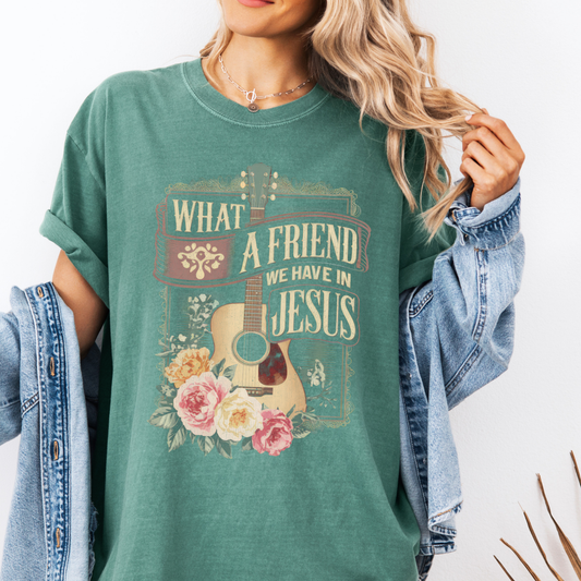 What a friend we have in Jesus Christian graphic t-shirt.  Green t-shirt with a country guitar and roses