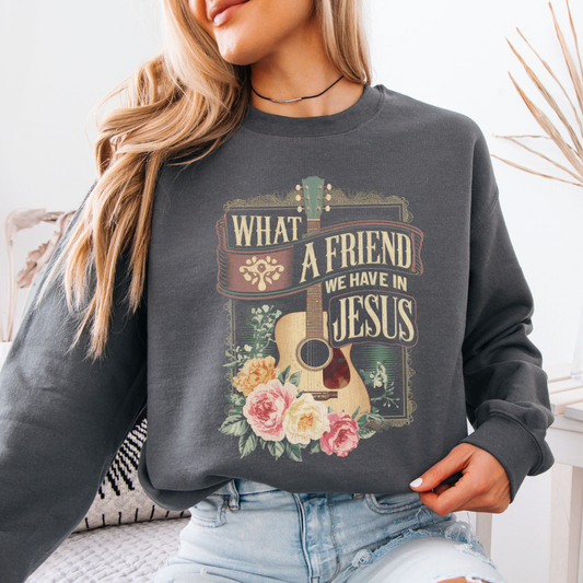 What a friend we have in Jesus with on a gray sweatshirt with floral and western guitar.