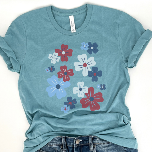 4th of July graphic t-shirt, Red white blue flowers, Women's holiday