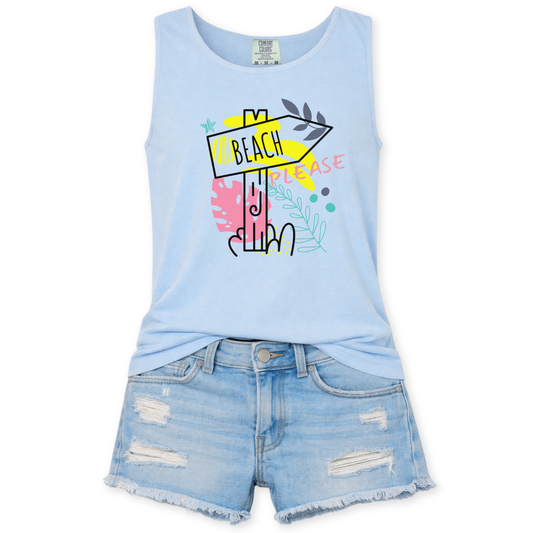 blue tank top with colorful text that says beach please with a sign pointing to the beach and denim shorts on a white background
