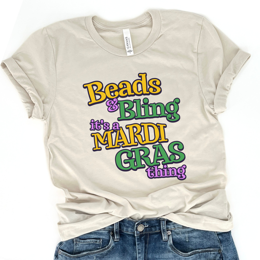 Beads and Bling Mardi Gras women's graphic t-shirt, Holiday top