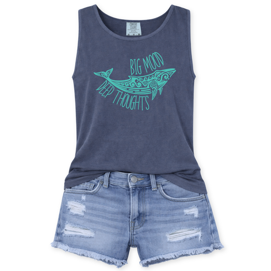 Big Mood Deep Thoughts featuring with a coastal blue whale graphic on a denim Comfort Colors garment dyed unisex tank top.