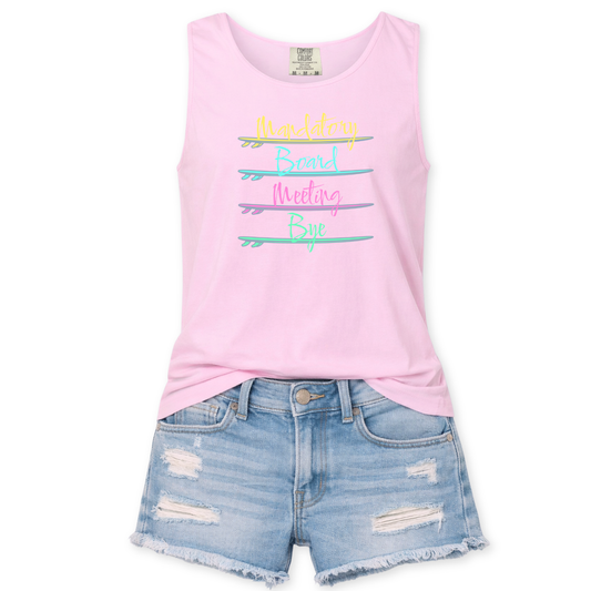 A blue Comfort Colors garment dyed unisex tank top featuring neon colored surfboards with a fun saying, Mandatory board meeting, bye