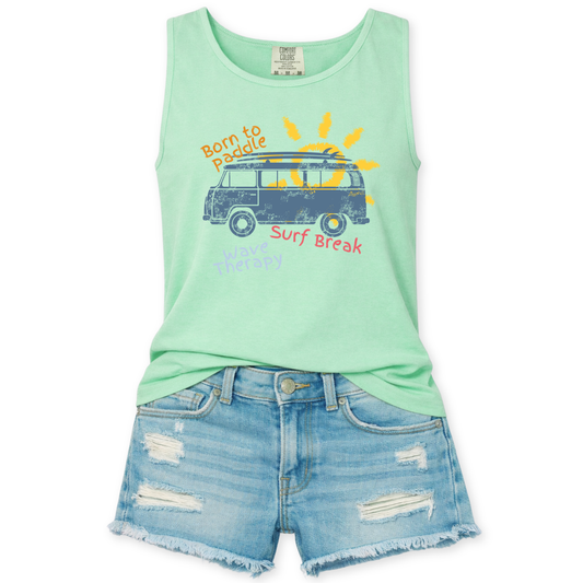 A mint green Comfort Colors garment dyed unisex tank top featuring summer design of a van with a surfboard heading to the beach. Featuring a fun doodle font sayings such as wave therapy, surf break and born to paddle