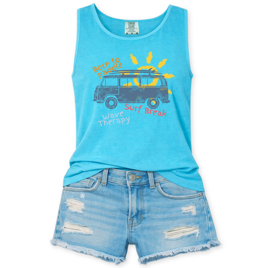 A lagoon blue Comfort Colors garment dyed unisex tank top featuring summer design of a van with a surfboard heading to the beach. Featuring a fun doodle font sayings such as wave therapy, surf break and born to paddle