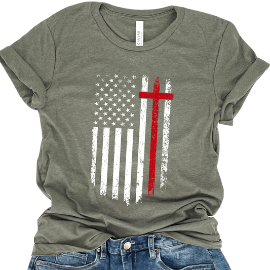 Distressed American flag, Christian faith, Patriotic graphic t-shirt