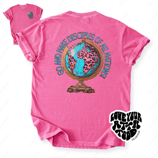 Hand-painted style globe graphic with bold faith message “Go and Make Disciples,” thick paint texture and high-contrast color, printed on a Comfort Colors® garment-dyed tee.