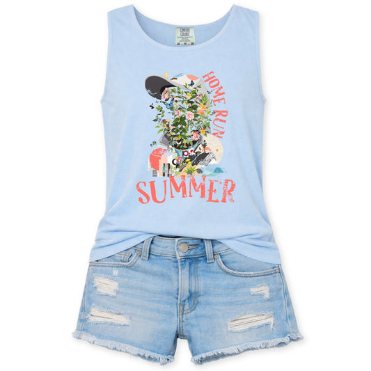 Chambray blue Comfort colors tank top with a baseball player made up of flowers and butterflies with a baseball hat. the graphic says home run summer