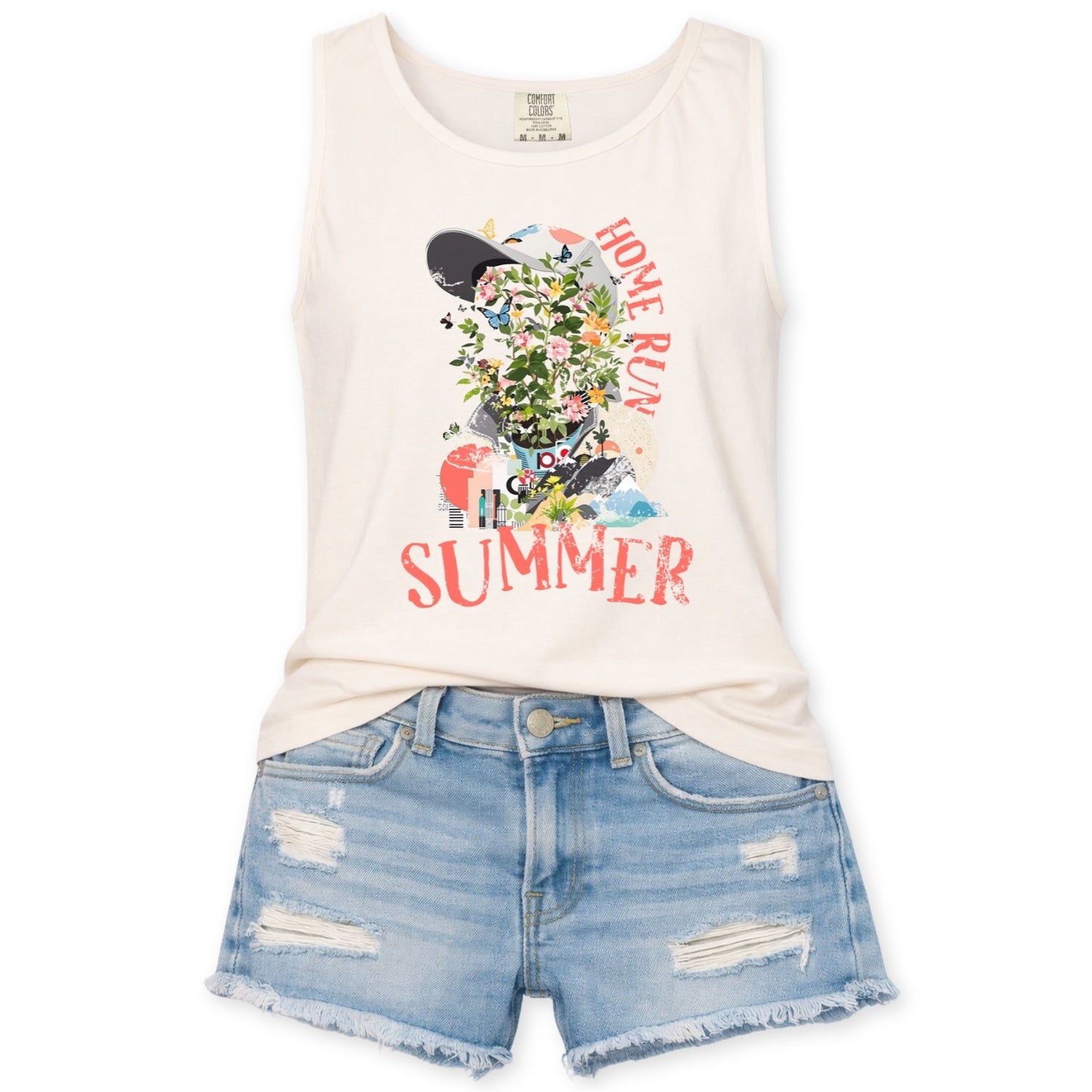 Ivory Comfort colors tank top with a baseball player made up of flowers and butterflies with a baseball hat. the graphic says home run summer
