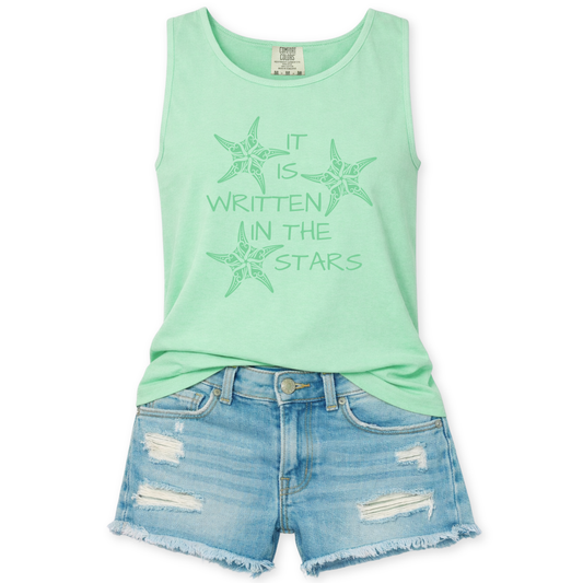 Coastal ocean graphic on a minty green Comfort Colors garment dyed unisex tank top. The design features 3 starfish illustration filled with decorative swirl and coastal pattern details that give the sea life artwork a textured, ocean inspired look. The phrase It Is Written In the Stars appears integrated into the graphic.