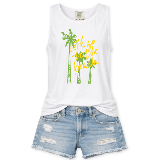 blue tank top with let's go to the beach overlayed on green palm trees