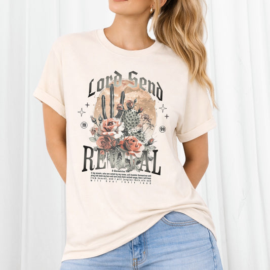 ivory 2 Chronicles 7 Lord Send Revival Comfort Colors Graphic Tee. Featuring an oversized print of blooming cactuses