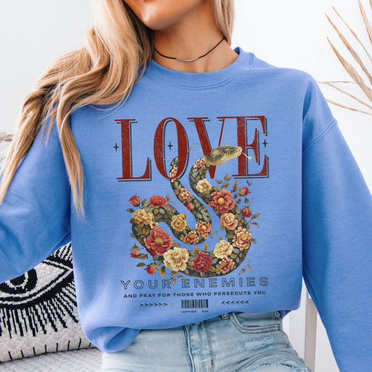 Love your enemies and pray for those who persecute you on a blue sweatshirt with an oversized snake made of flowers