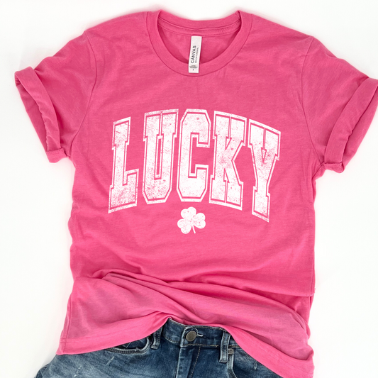 Distressed lucky St. Patrick's Day graphic t-shirt, Women's top