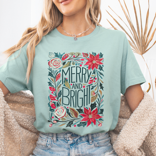Merry and Bright floral Christmas graphic t-shirt, Women's holiday