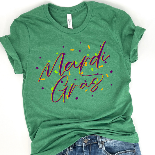 Mardi Gras confetti women's graphic t-shirt, Holiday top