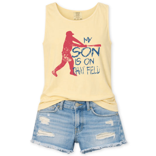 Butter yellow comfort color tank top with a red baseball player graphic that says my son is on the field