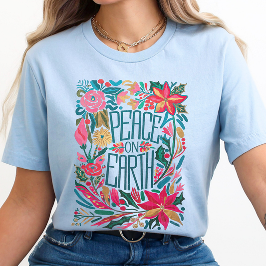 Peace on Earth floral Christmas graphic t-shirt, Women's holiday