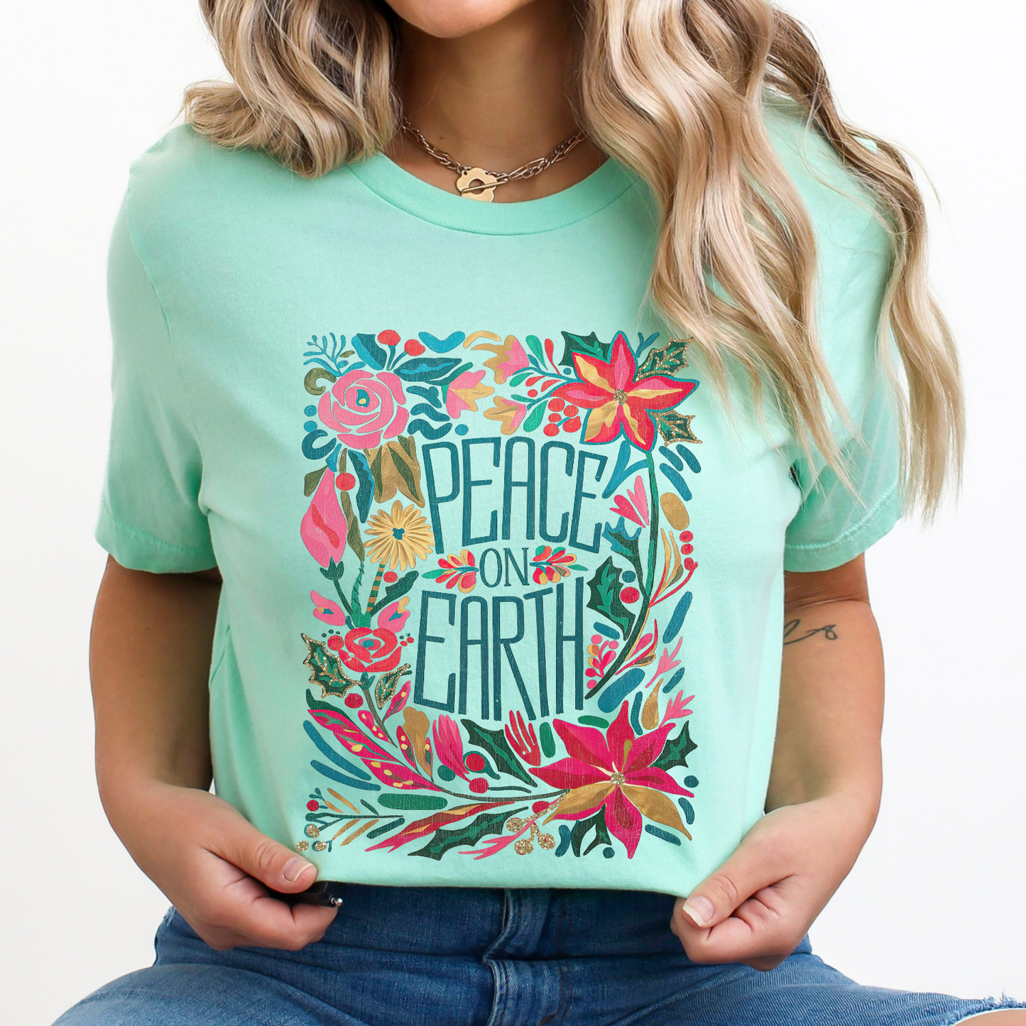 Peace On Earth Boho Christmas Graphic T-Shirt | ATTA TOOD®