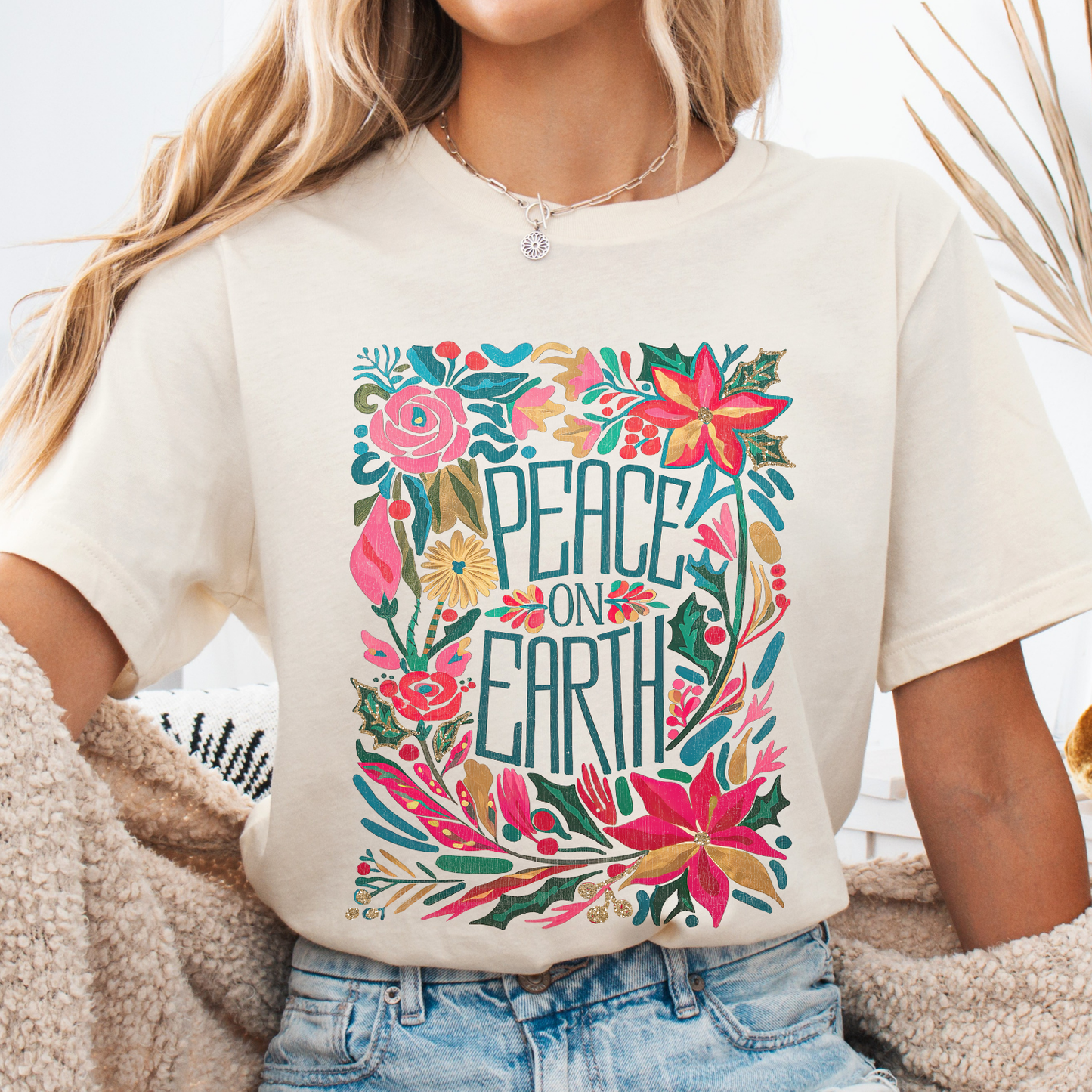 Peace On Earth Boho Christmas Graphic T-Shirt | ATTA TOOD®