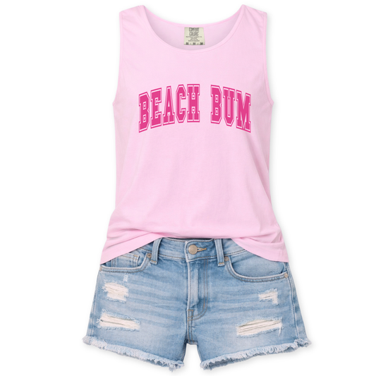 Pink 'Beach Bum' tank top with denim shorts on a white background