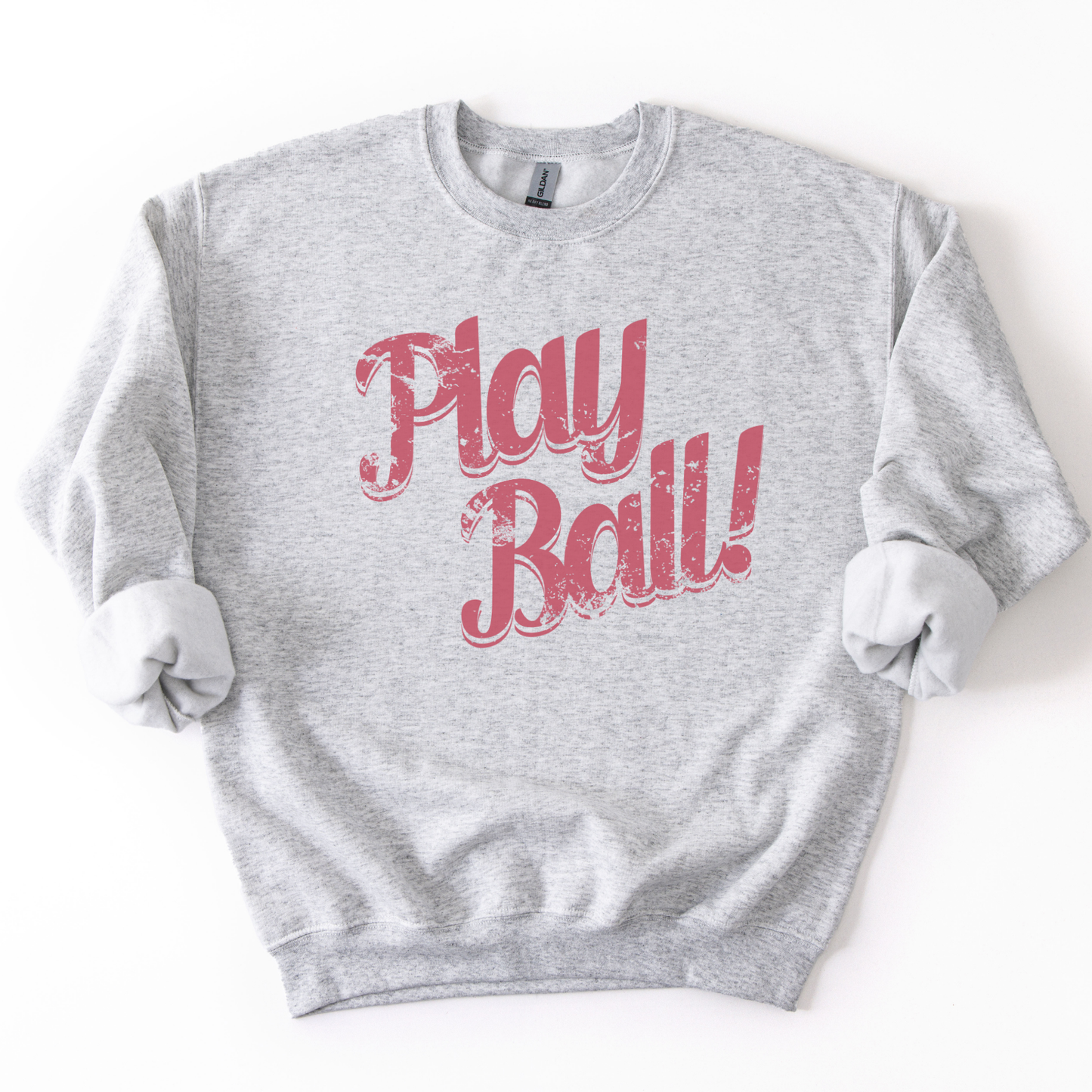 Gray sweatshirt with 'Play Ball!' text in red on a white background