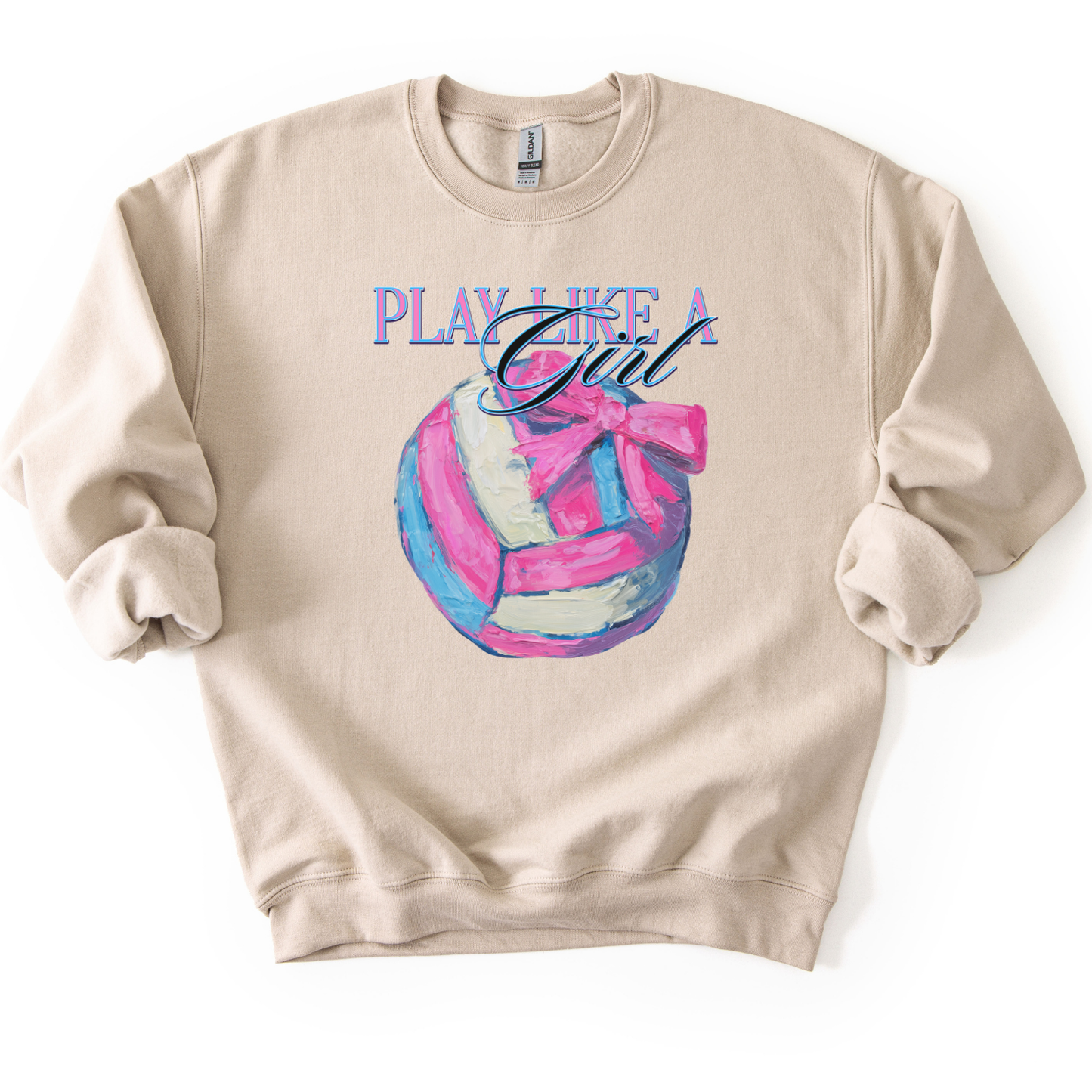 Beige sweatshirt with a colorful ball and 'Play Like a Girl' text on a white background