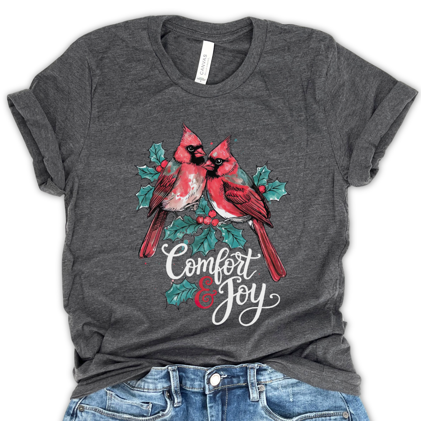 Comfort And Joy Christmas Red Cardinals Graphic T-Shirt | ATTA TOOD®
