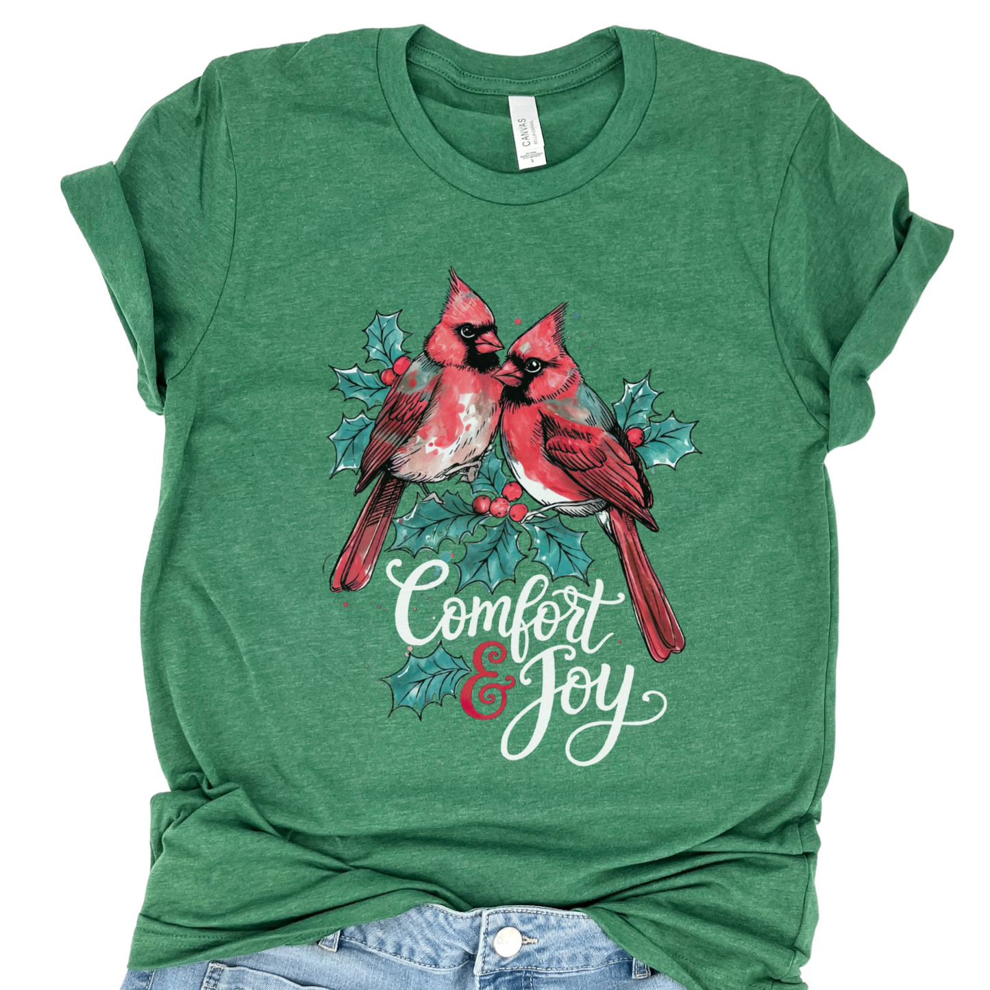 Comfort And Joy Christmas Red Cardinals Graphic T-Shirt | ATTA TOOD®