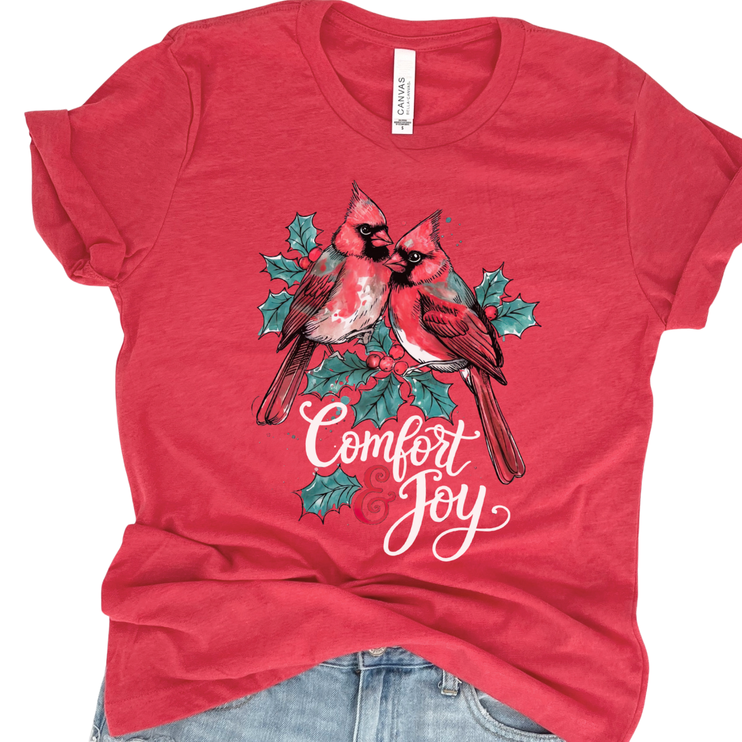 Comfort And Joy Christmas Red Cardinals Graphic T-Shirt | ATTA TOOD®