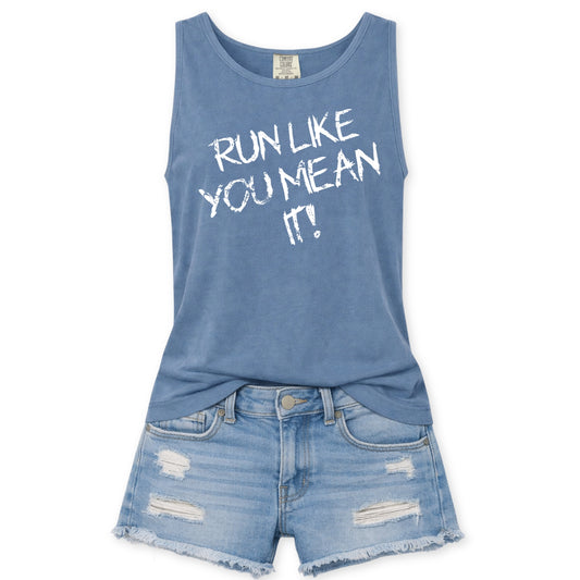 Blue tank top with 'RUN LIKE YOU MEAN IT!' text and denim shorts on a white background