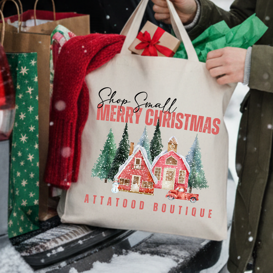 Custom shop small town Christmas tote | Holiday book bag