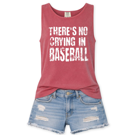 Red tank top with 'There's No Crying in Baseball' text and denim shorts on a white background