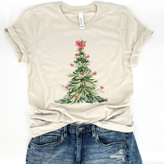 Watercolor Christmas tree t-shirt, women's holiday season top