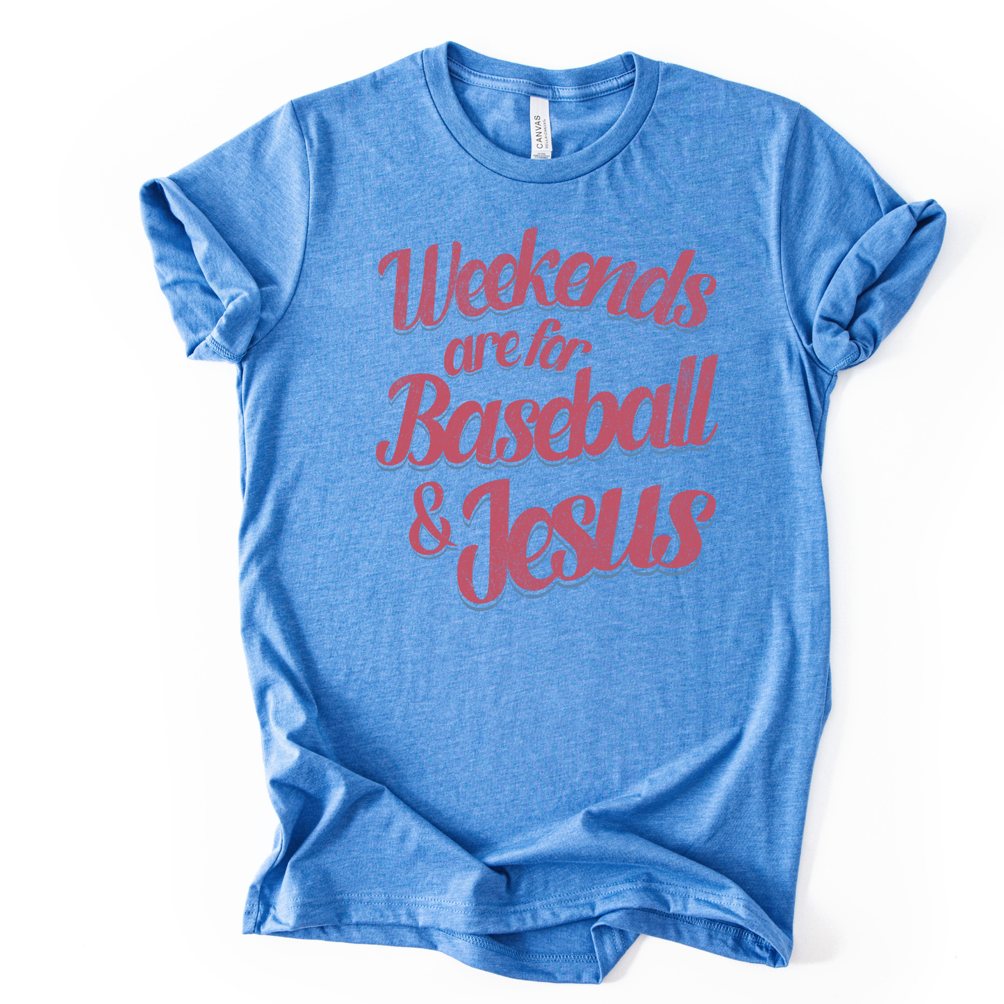 Blue t-shirt with 'Weekends are for Baseball & Jesus' text on a white background