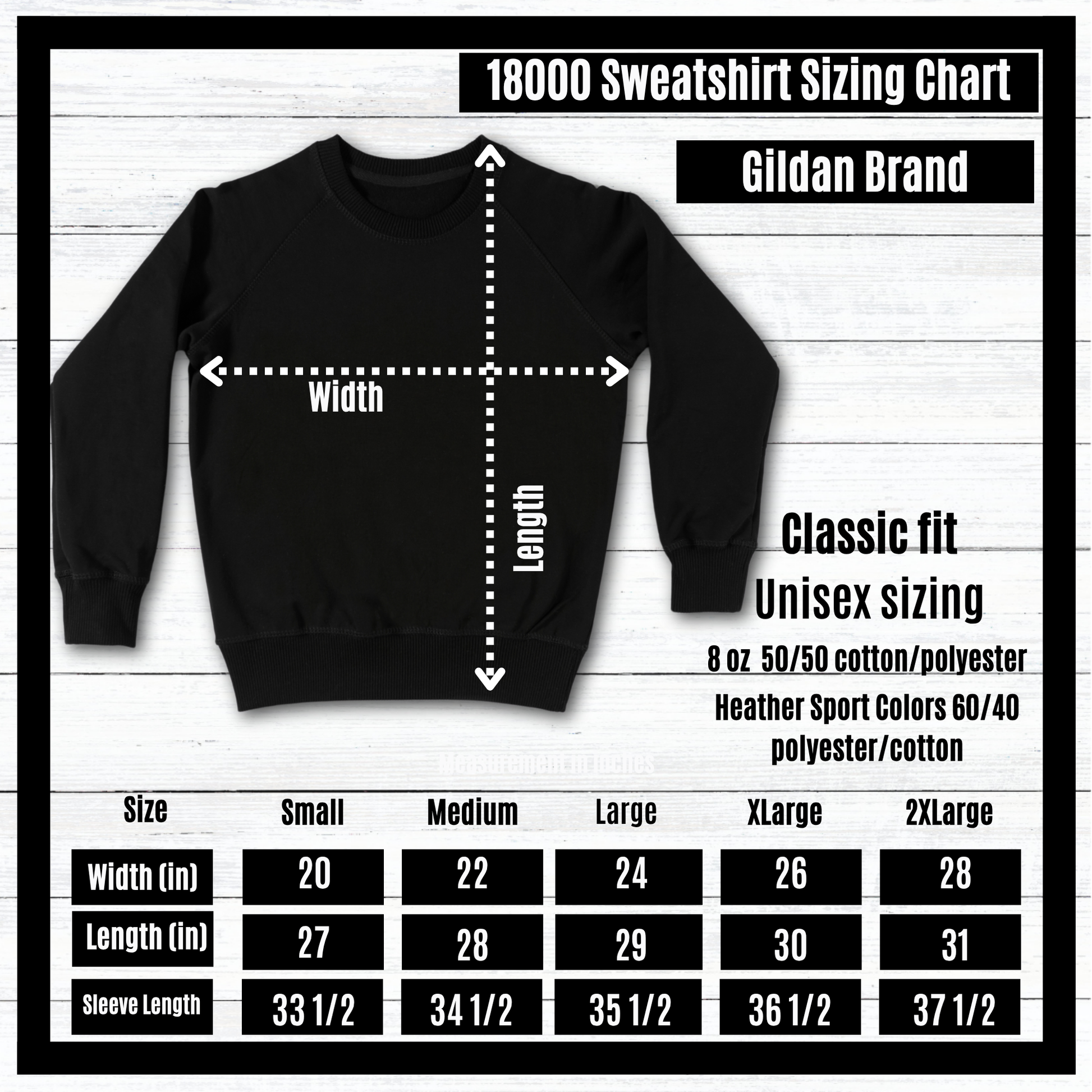 Gildan brand sweatshirt sizing chart with measurements and dimensions.