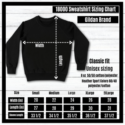 Gildan brand sweatshirt sizing chart with measurements and dimensions.