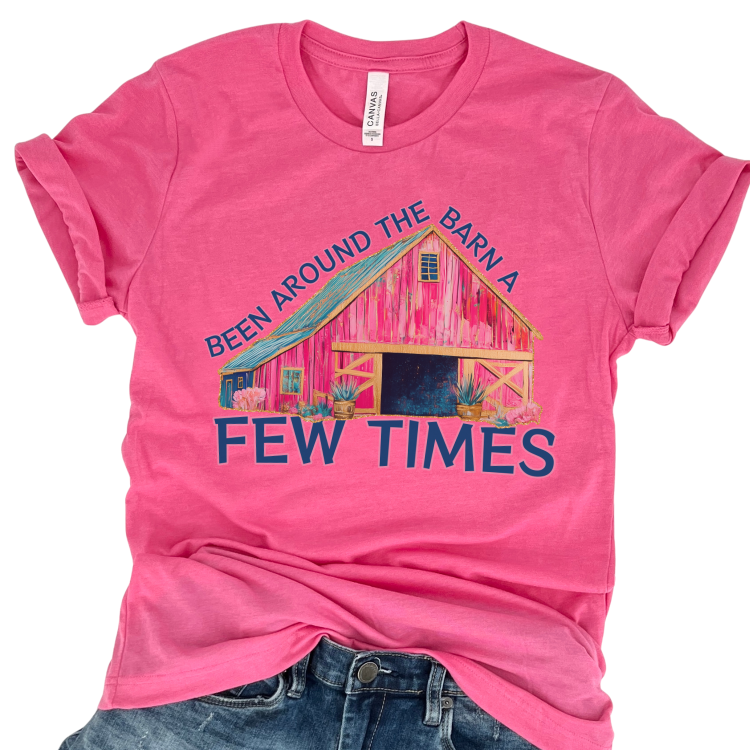 been around the barn a few time featuring a colorful pink barn on a bella canvas heather charity pink t-shirt