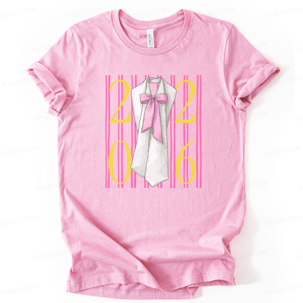 Graduation 2026 preppy themed pink graphic t shirt. The design features bold 2026 lettering layered over vertical pink stripes, centered with a graduation sash illustration accented by a soft pink bow. The bright color contrast and feminine detailing create a standout senior year statement with clear Class of 2026 visibility and trend driven appeal.