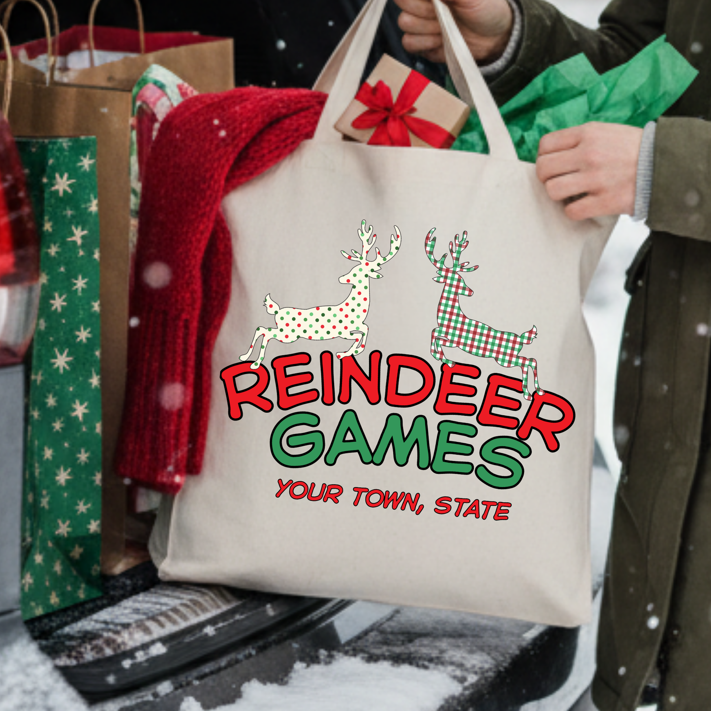 Custom Christmas reindeer tote | Holiday canvas book bag