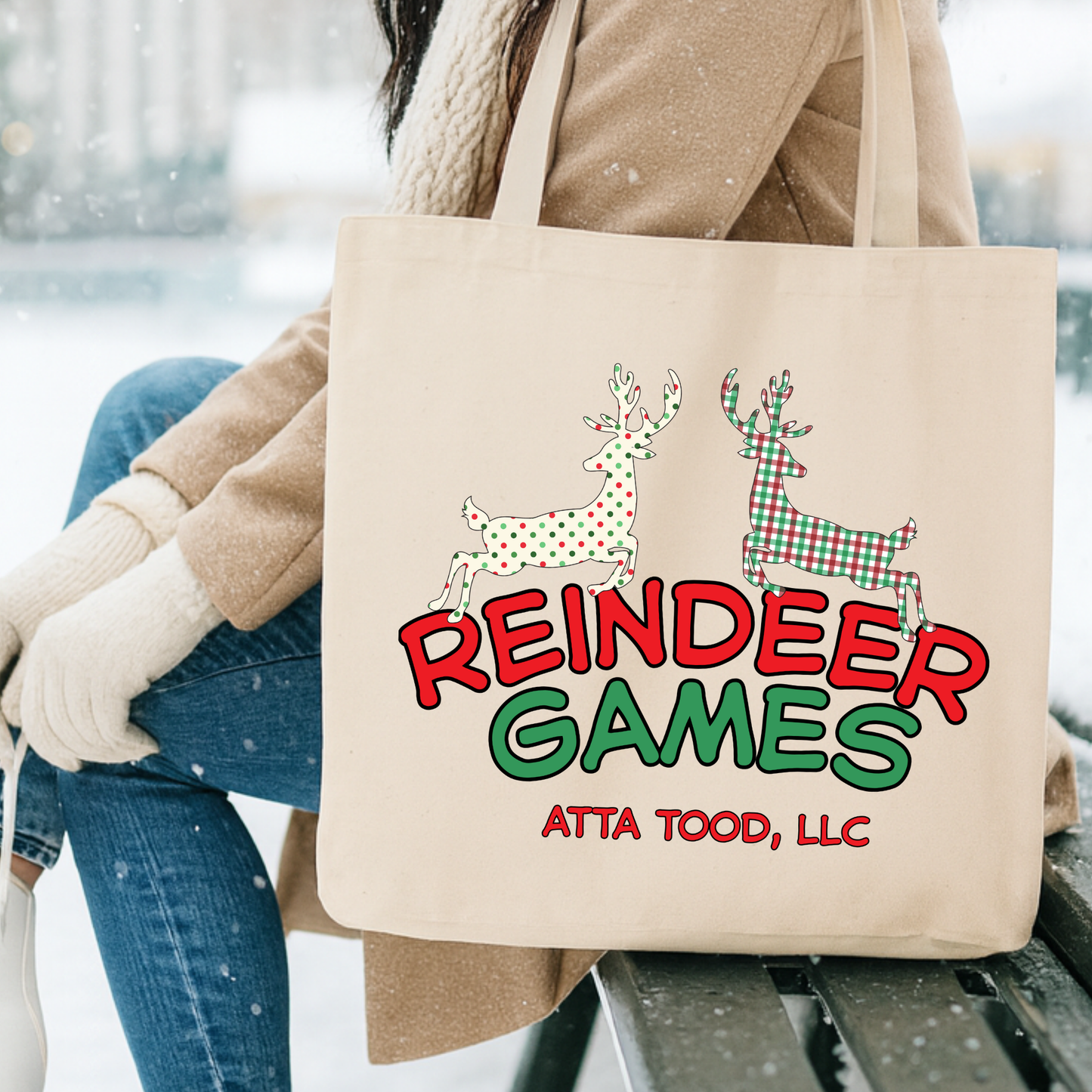 Custom Christmas reindeer tote | Holiday canvas book bag