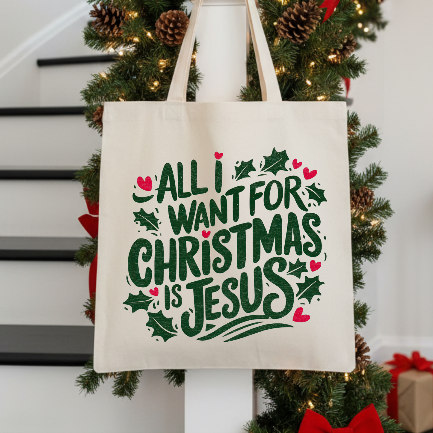 Tote bag with 'All I want for Christmas is Jesus' text 