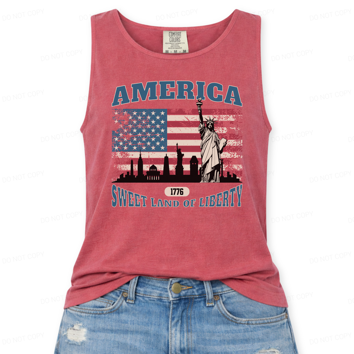 Red tank top with American flag and Statue of Liberty graphic on a white background