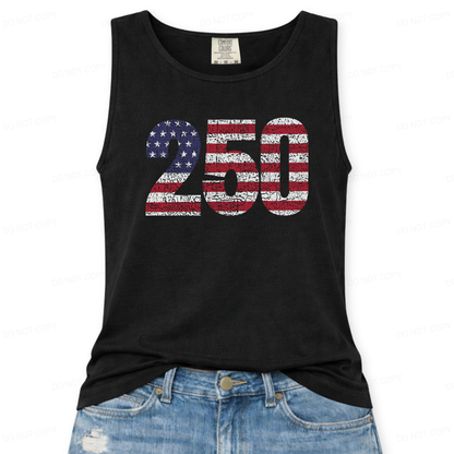 Black tank top with '250' design featuring American flag colors on a white background