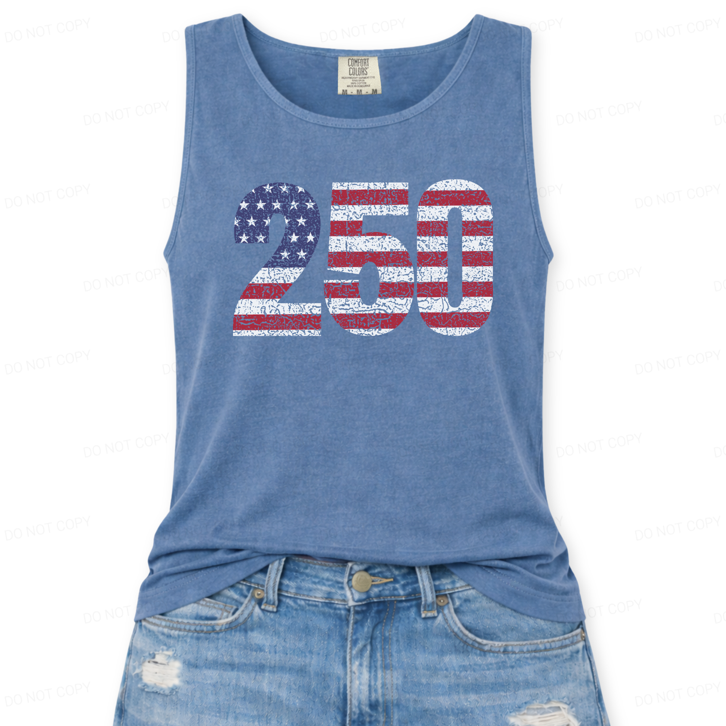 Blue tank top with '250' design in American flag colors on a white background