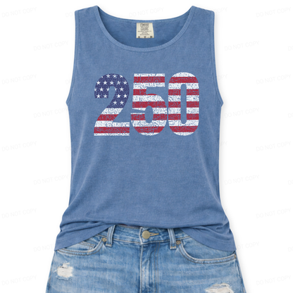 Blue tank top with '250' design in American flag colors on a white background