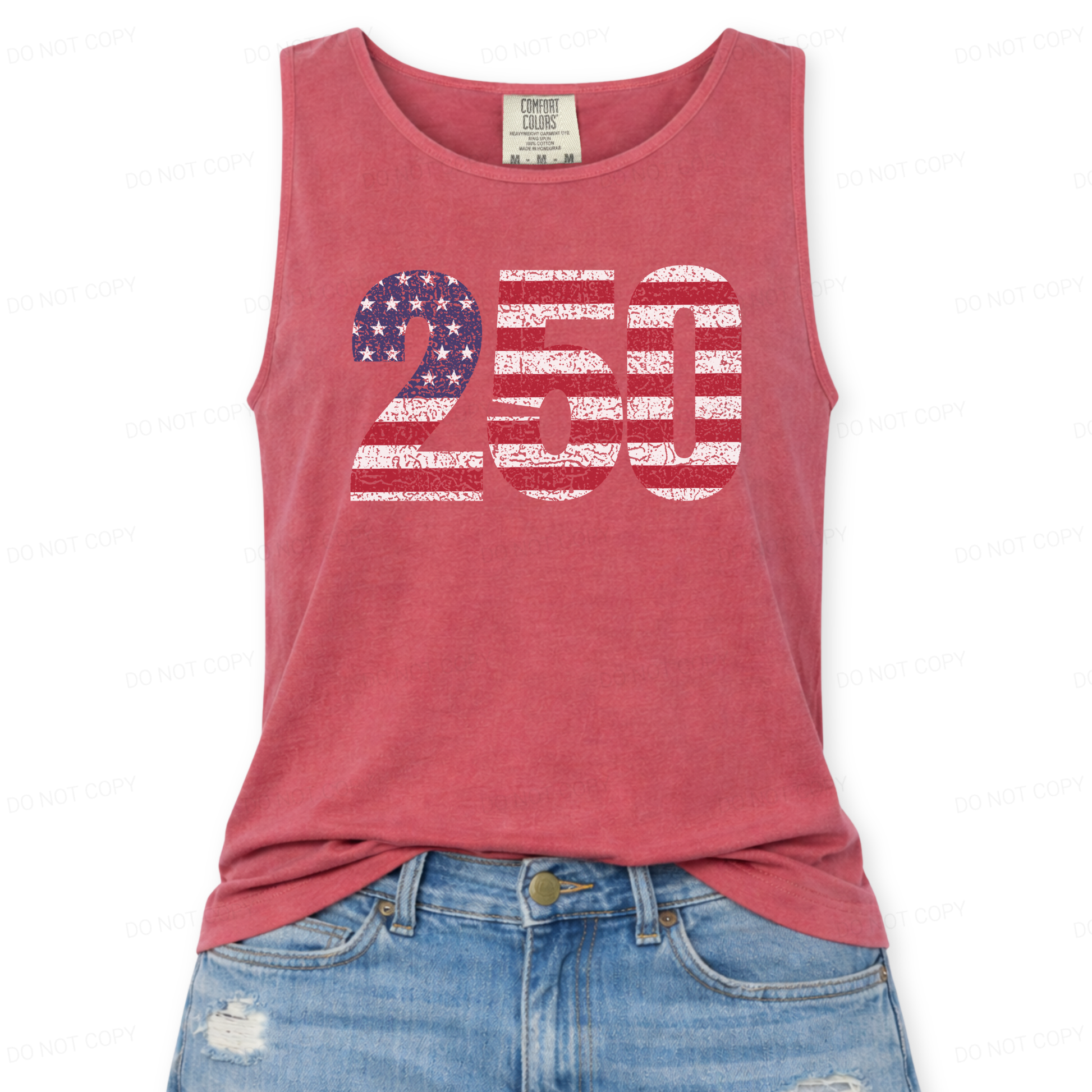 Red tank top with '250' graphic design on a white background