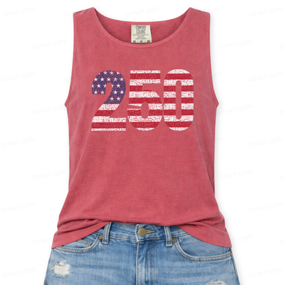 Red tank top with '250' graphic design on a white background